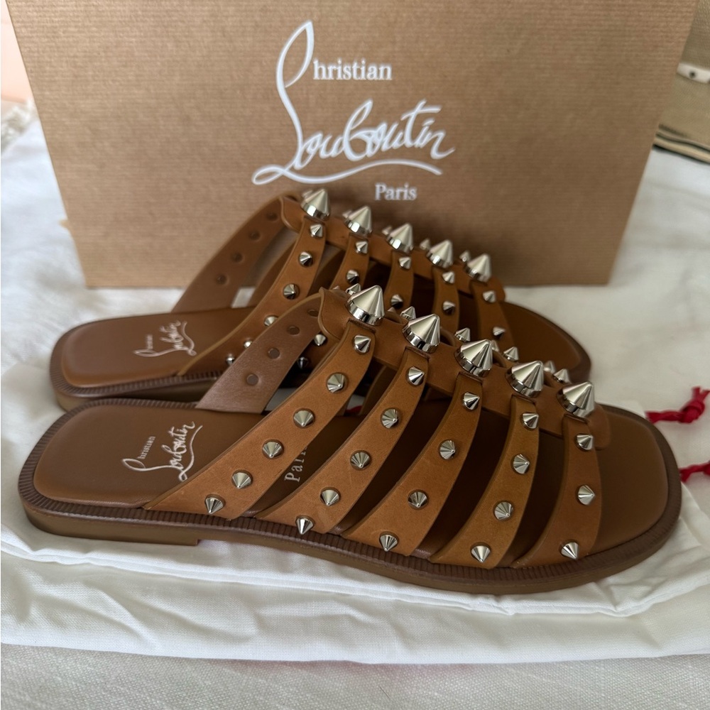 Christian Louboutin Charja Flat Tan Studded Sandals